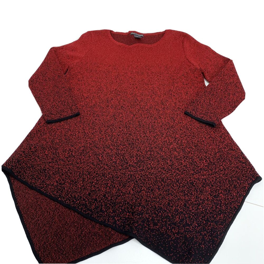 Chelsea & Theodore Black Red Sparkle Ombré Asymmetrical hem Sweater Sz M